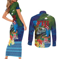 Fiji Iguana-Coat of Arms Couples Matching Short Sleeve Bodycon Dress and Long Sleeve Button Shirt with Hibiscus and Plumeria Palm Tree Tapa Art