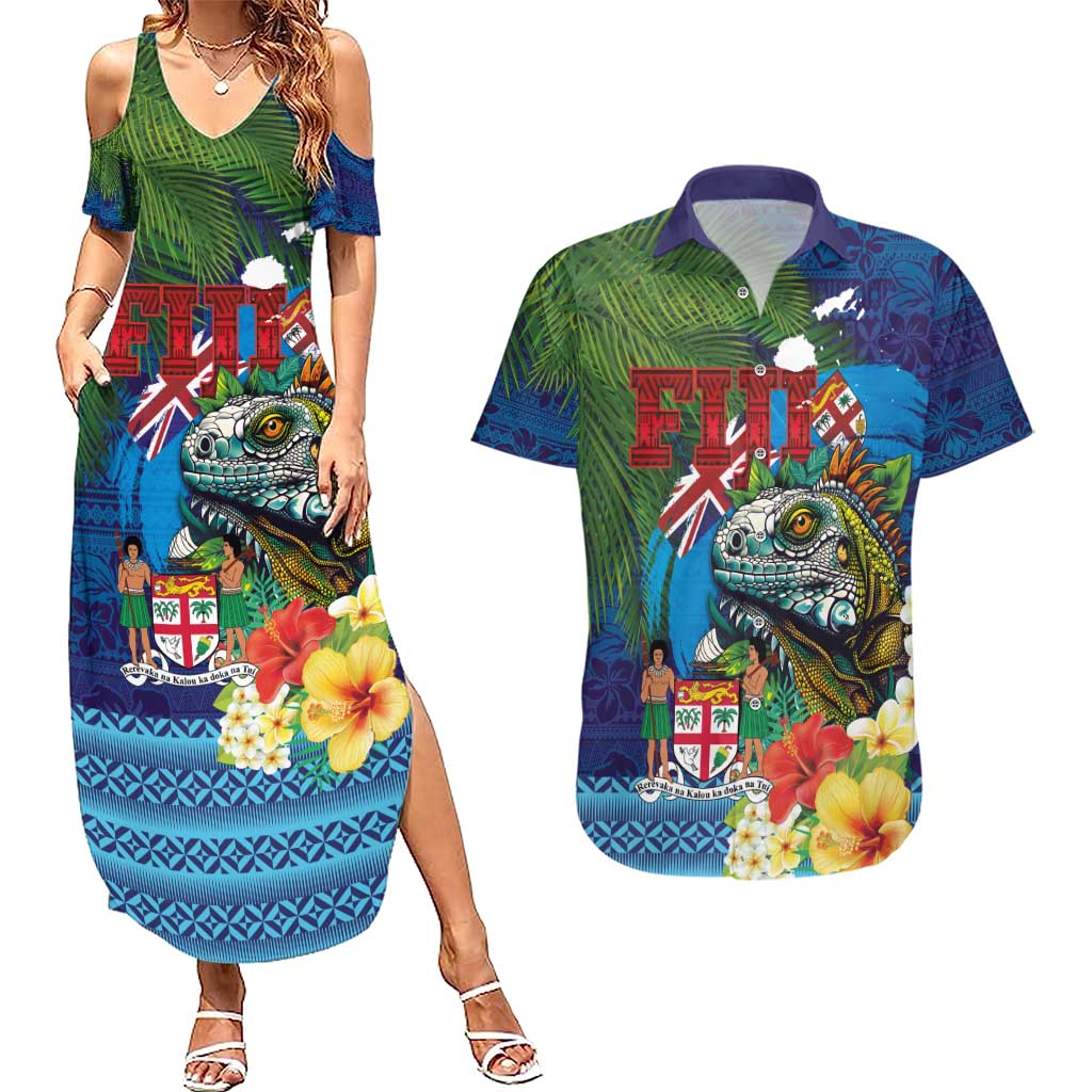 Fiji Iguana-Coat of Arms Couples Matching Summer Maxi Dress and Hawaiian Shirt with Hibiscus and Plumeria Palm Tree Tapa Art