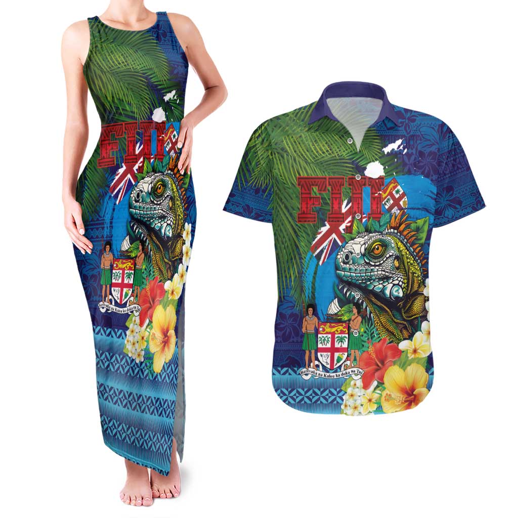 Fiji Iguana-Coat of Arms Couples Matching Tank Maxi Dress and Hawaiian Shirt with Hibiscus and Plumeria Palm Tree Tapa Art