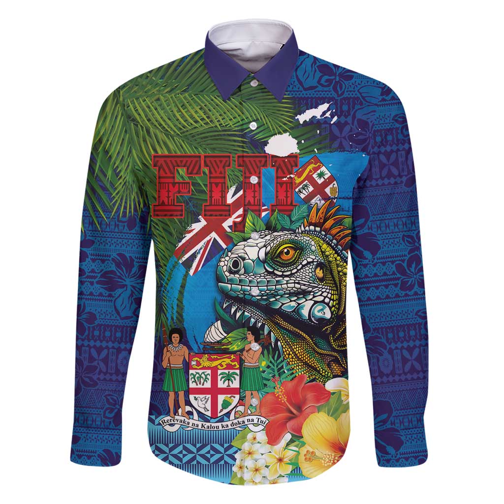 Fiji Iguana-Coat of Arms Family Matching Long Sleeve Bodycon Dress and Hawaiian Shirt with Hibiscus and Plumeria Palm Tree Tapa Art