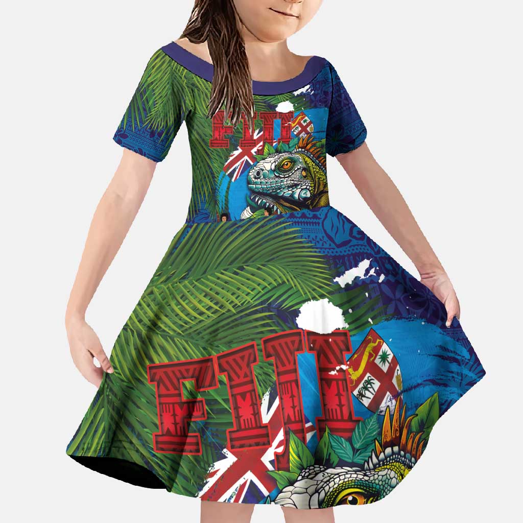 Fiji Iguana-Coat of Arms Family Matching Mermaid Dress and Hawaiian Shirt with Hibiscus and Plumeria Palm Tree Tapa Art