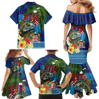 Fiji Iguana-Coat of Arms Family Matching Mermaid Dress and Hawaiian Shirt with Hibiscus and Plumeria Palm Tree Tapa Art