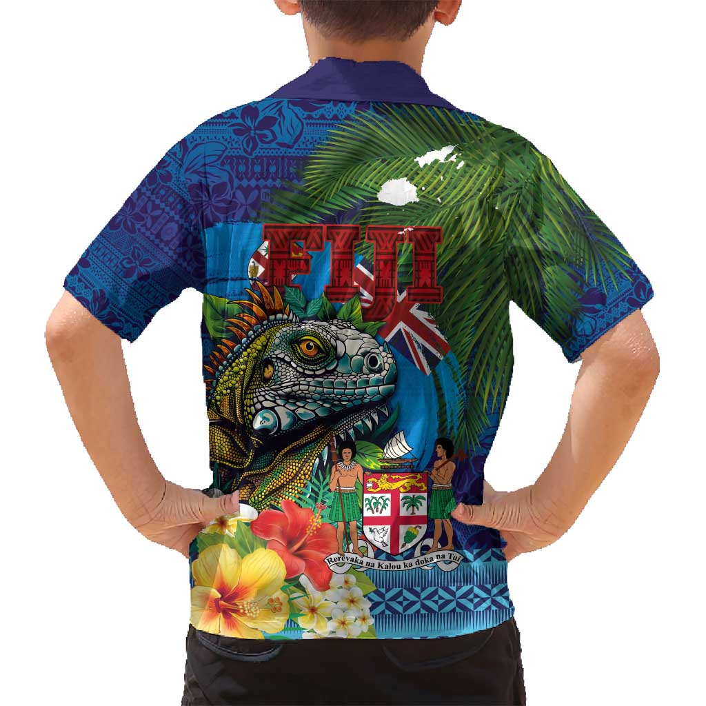 Fiji Iguana-Coat of Arms Family Matching Off Shoulder Short Dress and Hawaiian Shirt with Hibiscus and Plumeria Palm Tree Tapa Art
