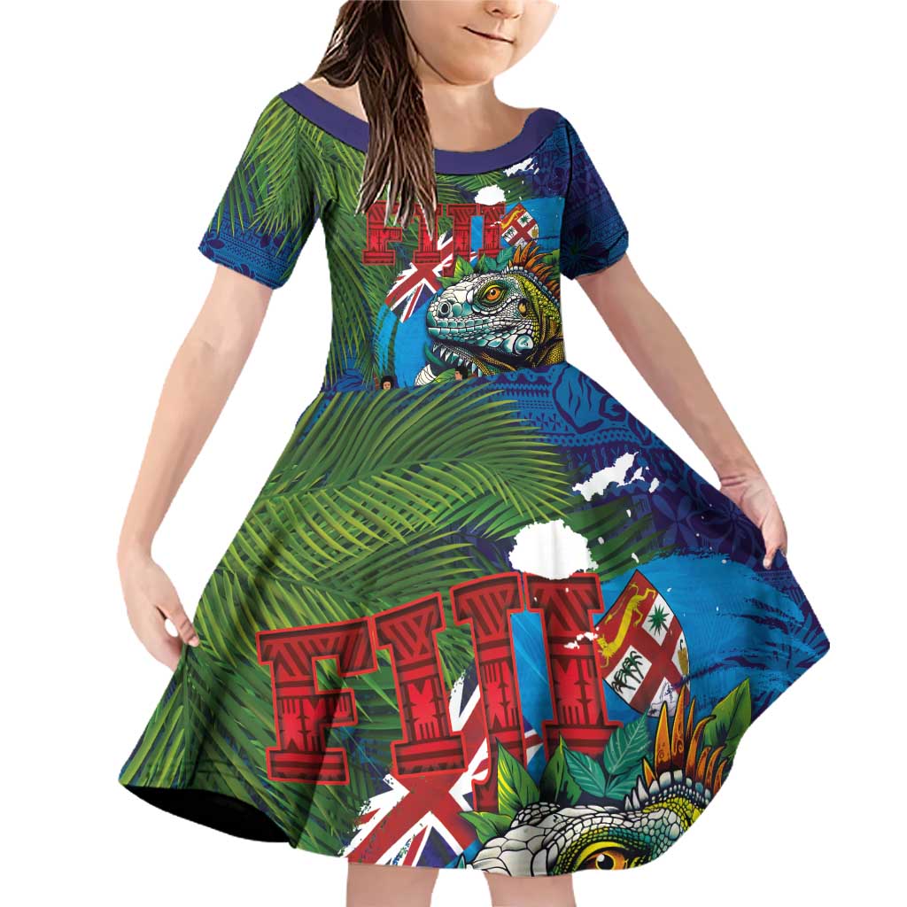 Fiji Iguana-Coat of Arms Family Matching Off Shoulder Short Dress and Hawaiian Shirt with Hibiscus and Plumeria Palm Tree Tapa Art
