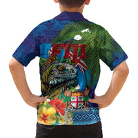 Fiji Iguana-Coat of Arms Family Matching Puletasi and Hawaiian Shirt with Hibiscus and Plumeria Palm Tree Tapa Art