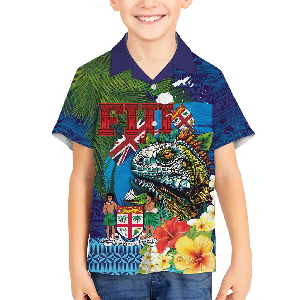 Fiji Iguana-Coat of Arms Family Matching Summer Maxi Dress and Hawaiian Shirt with Hibiscus and Plumeria Palm Tree Tapa Art