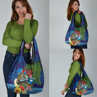Fiji Iguana-Coat of Arms Grocery Bag with Hibiscus and Plumeria Palm Tree Tapa Art