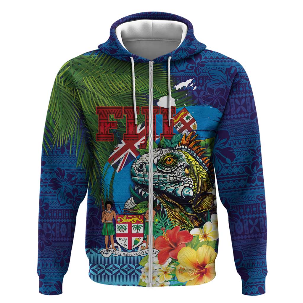 Fiji Iguana-Coat of Arms Hoodie with Hibiscus and Plumeria Palm Tree Tapa Art