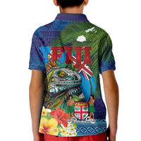 Fiji Iguana-Coat of Arms Kid Polo Shirt with Hibiscus and Plumeria Palm Tree Tapa Art