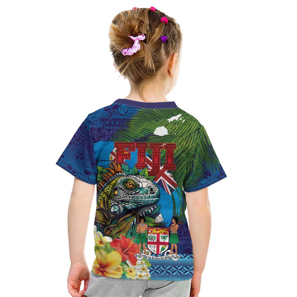 Fiji Iguana-Coat of Arms Kid T Shirt with Hibiscus and Plumeria Palm Tree Tapa Art
