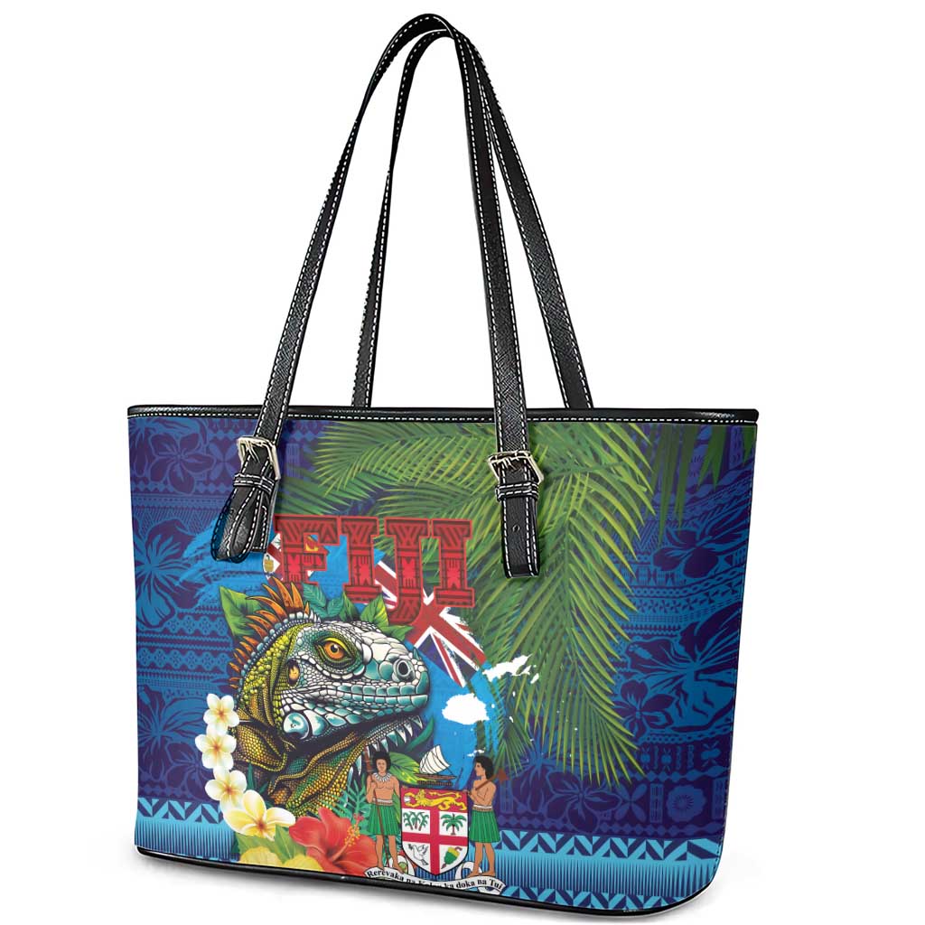 Fiji Iguana-Coat of Arms Leather Tote Bag with Hibiscus and Plumeria Palm Tree Tapa Art