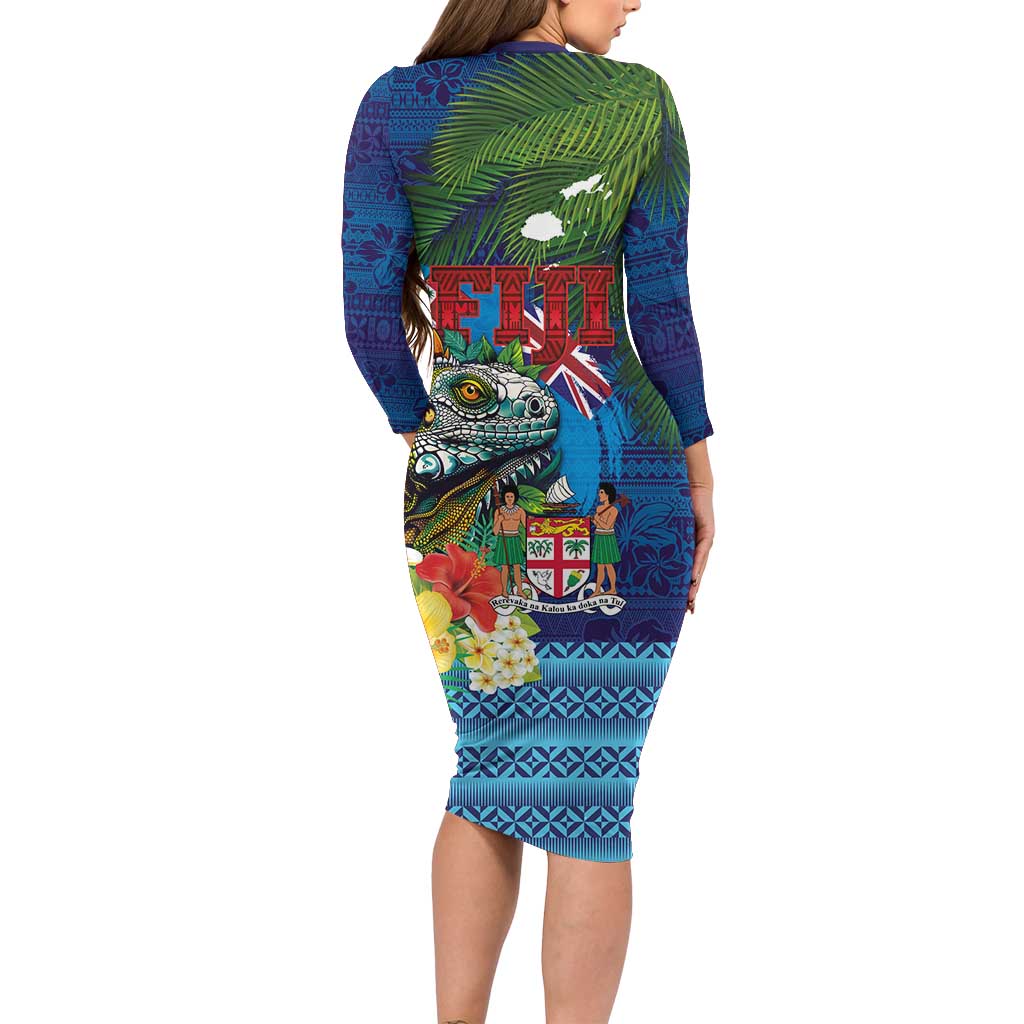 Fiji Iguana-Coat of Arms Long Sleeve Bodycon Dress with Hibiscus and Plumeria Palm Tree Tapa Art
