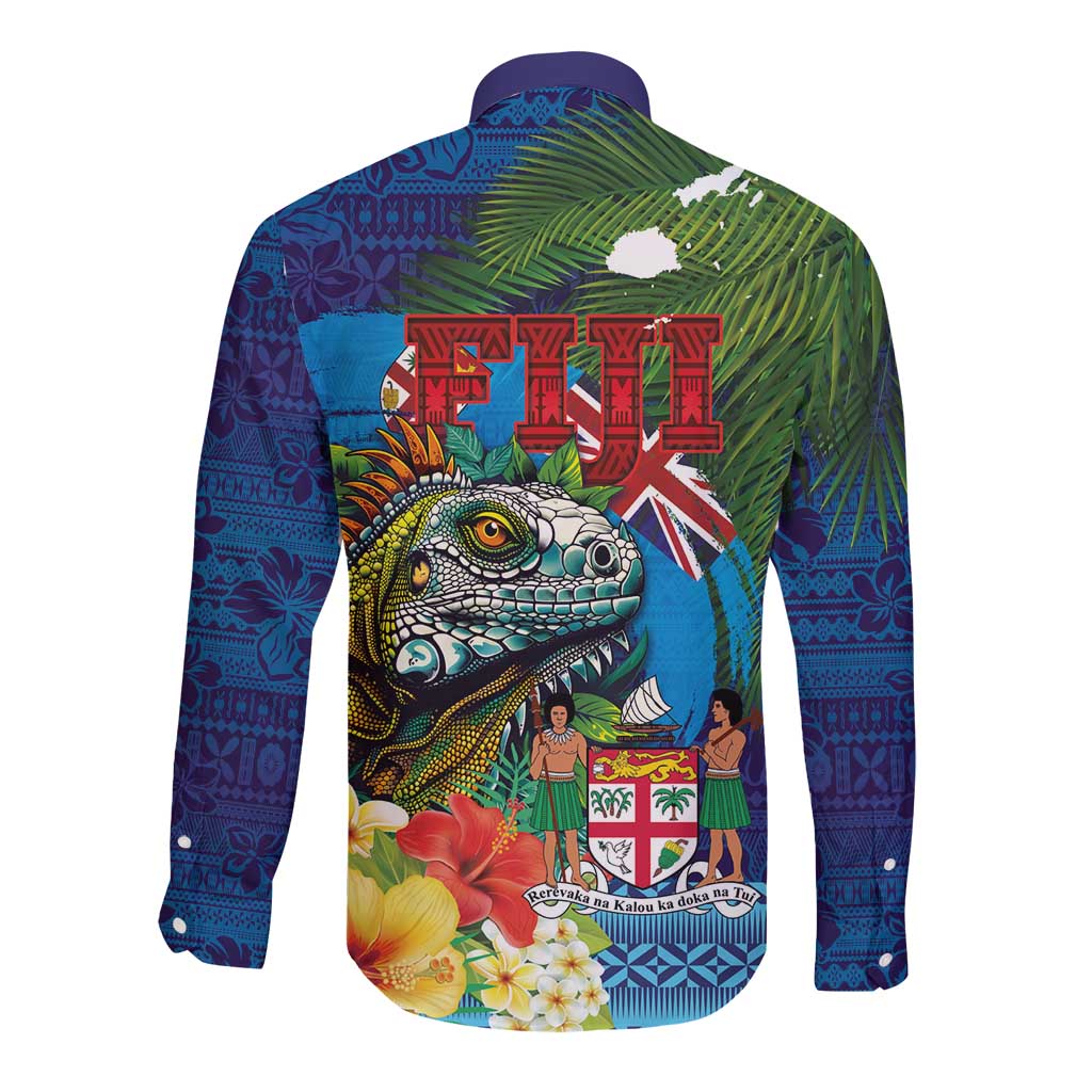 Fiji Iguana-Coat of Arms Long Sleeve Button Shirt with Hibiscus and Plumeria Palm Tree Tapa Art