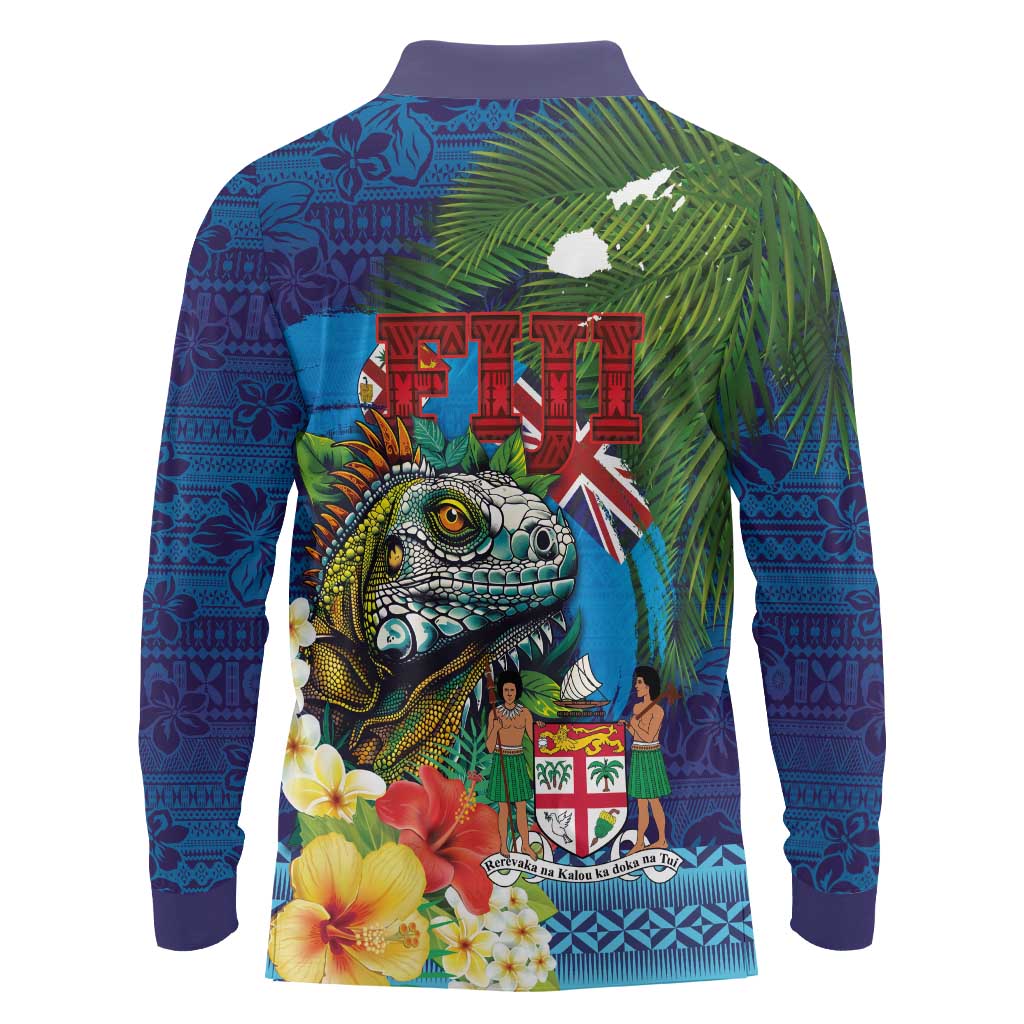 Fiji Iguana-Coat of Arms Long Sleeve Polo Shirt with Hibiscus and Plumeria Palm Tree Tapa Art
