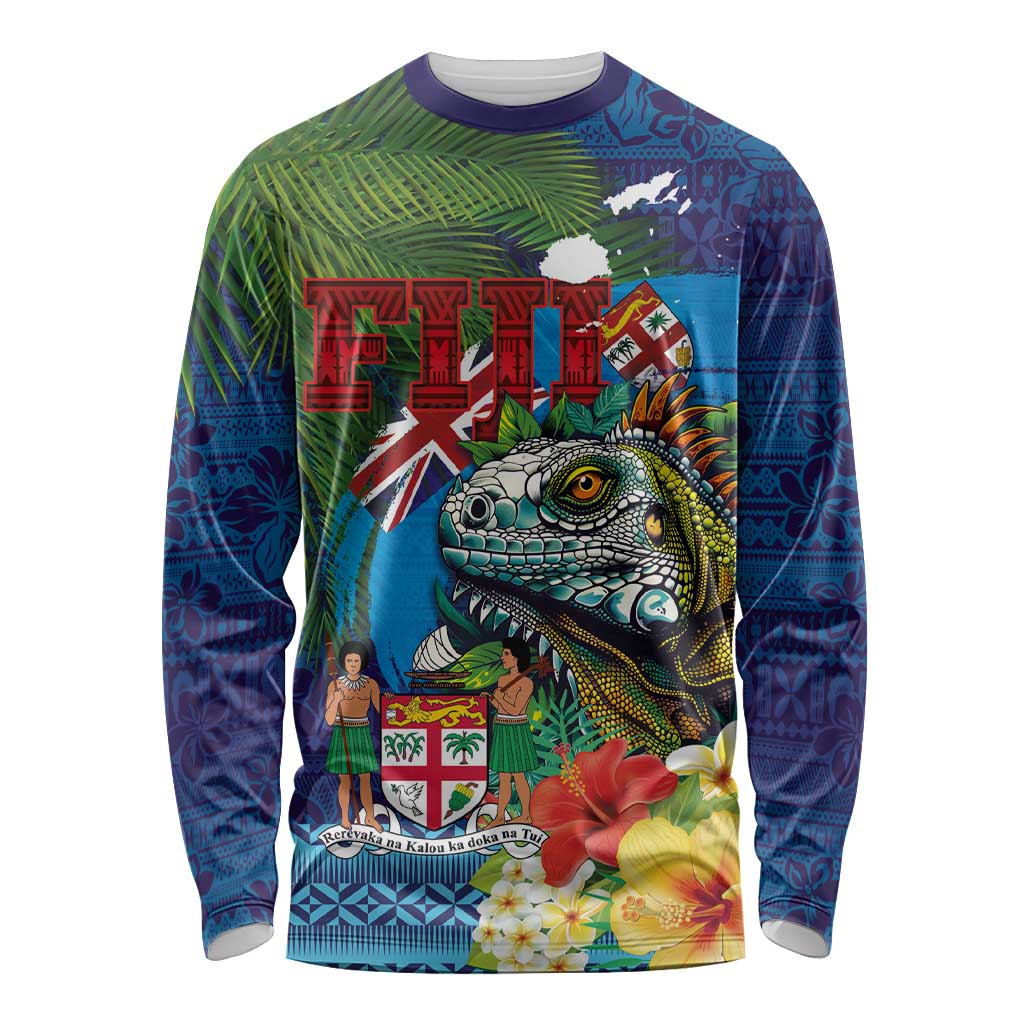 Fiji Iguana-Coat of Arms Long Sleeve Shirt with Hibiscus and Plumeria Palm Tree Tapa Art