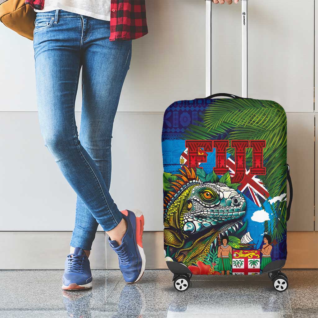 Fiji Iguana-Coat of Arms Luggage Cover with Hibiscus and Plumeria Palm Tree Tapa Art