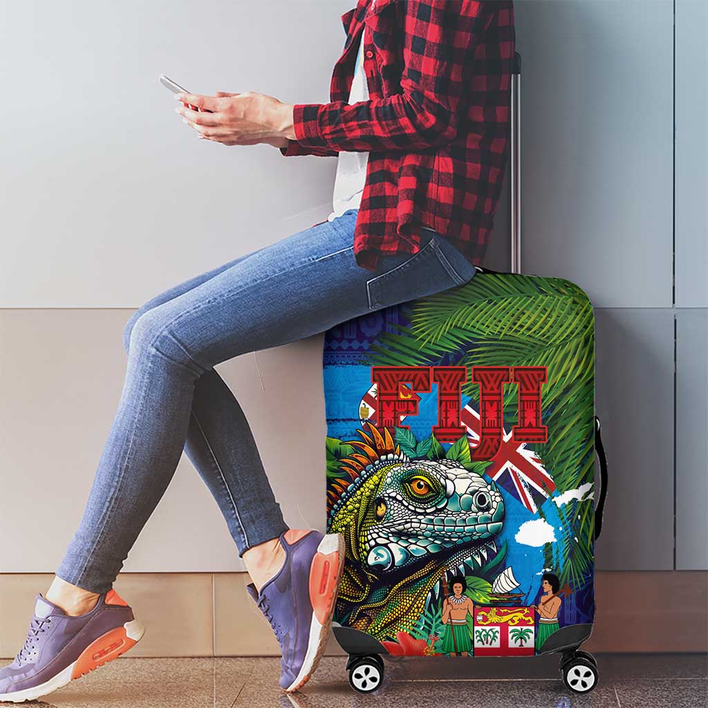 Fiji Iguana-Coat of Arms Luggage Cover with Hibiscus and Plumeria Palm Tree Tapa Art