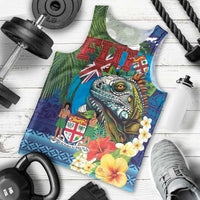 Fiji Iguana-Coat of Arms Men Tank Top with Hibiscus and Plumeria Palm Tree Tapa Art