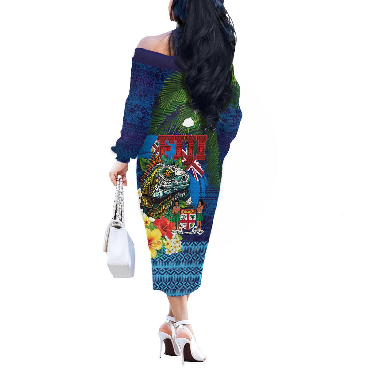 Fiji Iguana-Coat of Arms Off The Shoulder Long Sleeve Dress with Hibiscus and Plumeria Palm Tree Tapa Art