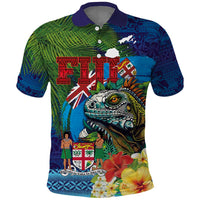 Fiji Iguana-Coat of Arms Polo Shirt with Hibiscus and Plumeria Palm Tree Tapa Art