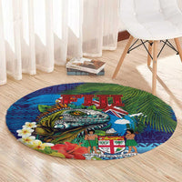Fiji Iguana-Coat of Arms Round Carpet with Hibiscus and Plumeria Palm Tree Tapa Art