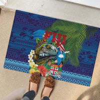 Fiji Iguana-Coat of Arms Rubber Doormat with Hibiscus and Plumeria Palm Tree Tapa Art