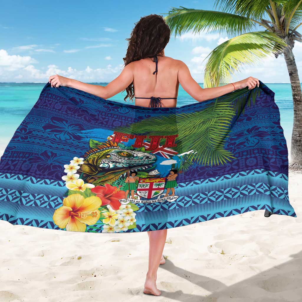 Fiji Iguana-Coat of Arms Sarong with Hibiscus and Plumeria Palm Tree Tapa Art