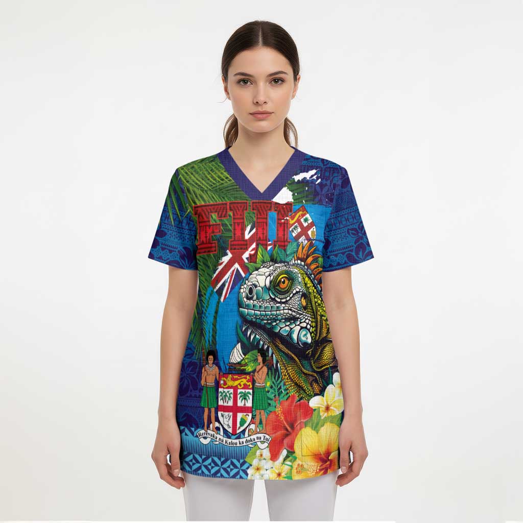 Fiji Iguana-Coat of Arms Scrub Top with Hibiscus and Plumeria Palm Tree Tapa Art - Polynesian Pride