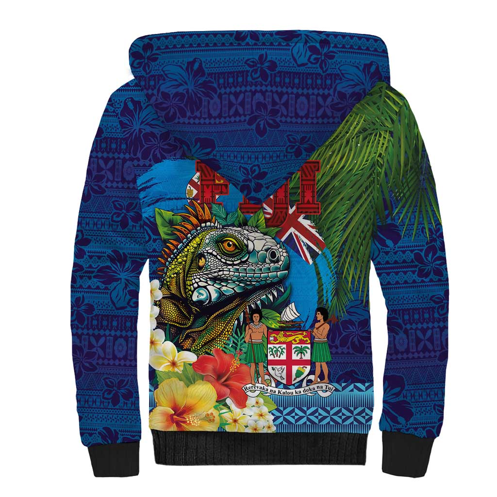 Fiji Iguana-Coat of Arms Sherpa Hoodie with Hibiscus and Plumeria Palm Tree Tapa Art