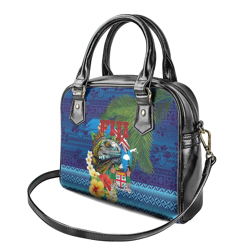 Fiji Iguana-Coat of Arms Shoulder Handbag with Hibiscus and Plumeria Palm Tree Tapa Art
