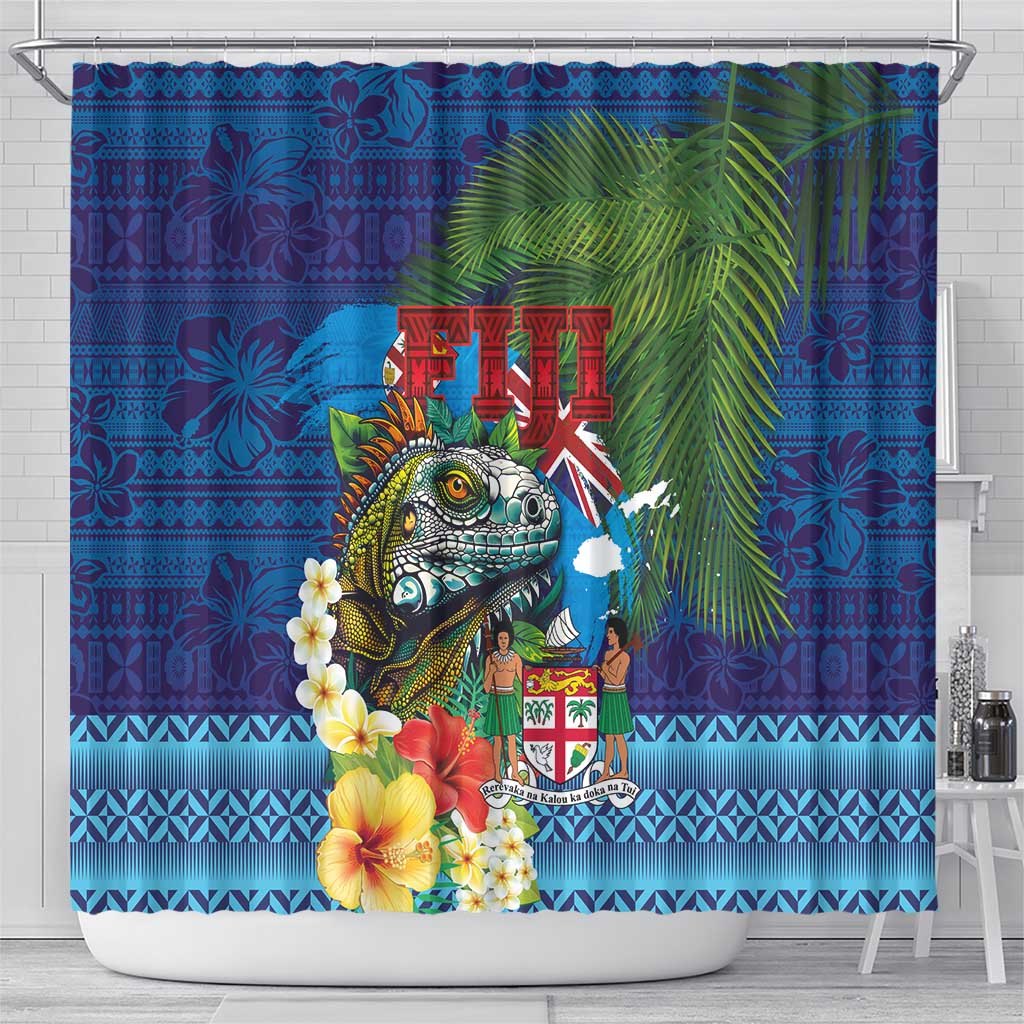 Fiji Iguana-Coat of Arms Shower Curtain with Hibiscus and Plumeria Palm Tree Tapa Art