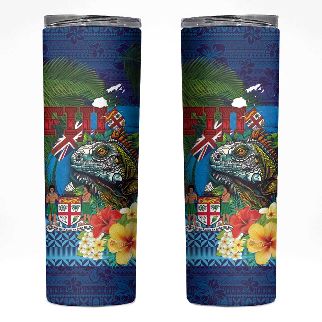 Fiji Iguana-Coat of Arms Skinny Tumbler with Hibiscus and Plumeria Palm Tree Tapa Art