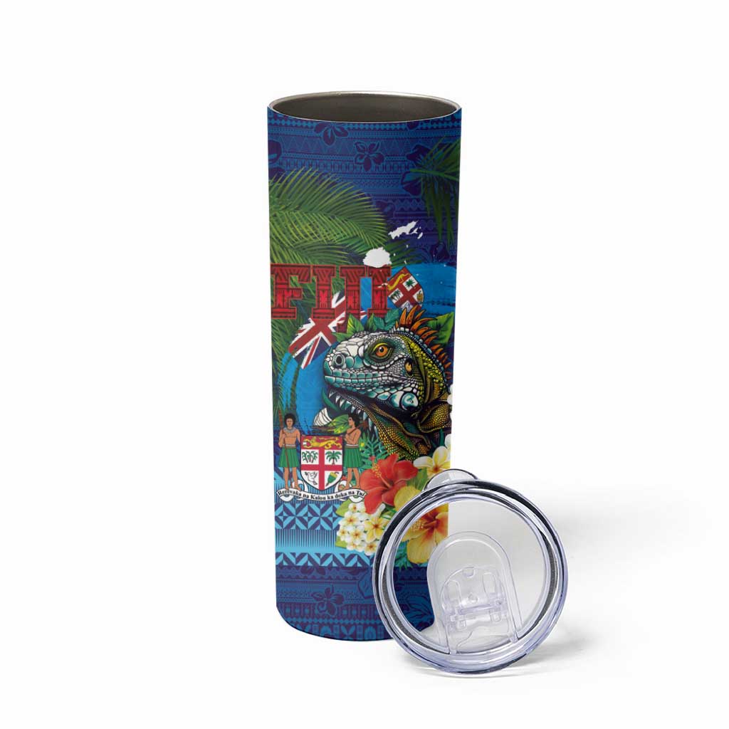 Fiji Iguana-Coat of Arms Skinny Tumbler with Hibiscus and Plumeria Palm Tree Tapa Art