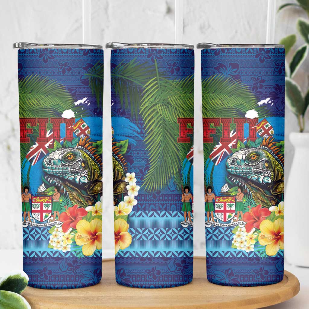 Fiji Iguana-Coat of Arms Skinny Tumbler with Hibiscus and Plumeria Palm Tree Tapa Art