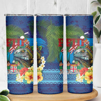 Fiji Iguana-Coat of Arms Skinny Tumbler with Hibiscus and Plumeria Palm Tree Tapa Art