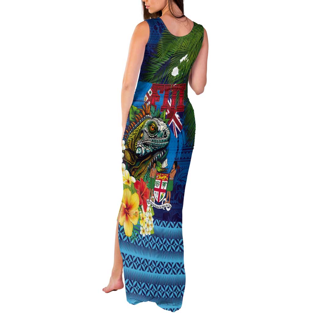 Fiji Iguana-Coat of Arms Tank Maxi Dress with Hibiscus and Plumeria Palm Tree Tapa Art