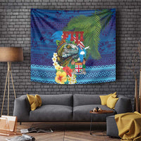 Fiji Iguana-Coat of Arms Tapestry with Hibiscus and Plumeria Palm Tree Tapa Art