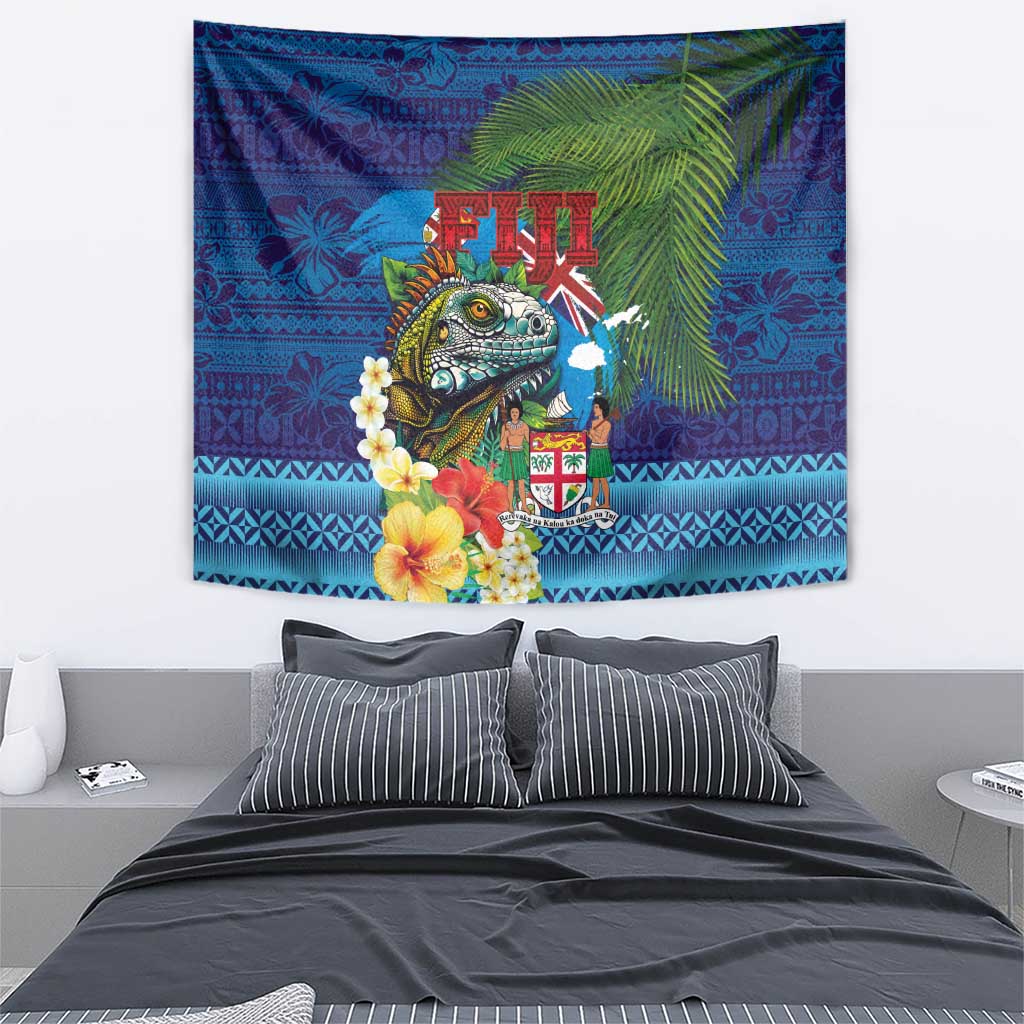 Fiji Iguana-Coat of Arms Tapestry with Hibiscus and Plumeria Palm Tree Tapa Art