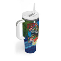 Fiji Iguana-Coat of Arms Tumbler With Handle with Hibiscus and Plumeria Palm Tree Tapa Art