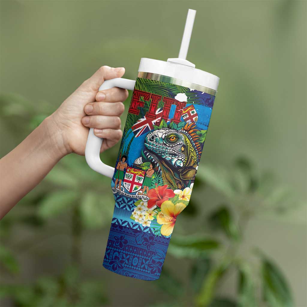 Fiji Iguana-Coat of Arms Tumbler With Handle with Hibiscus and Plumeria Palm Tree Tapa Art