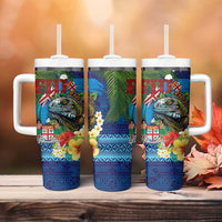 Fiji Iguana-Coat of Arms Tumbler With Handle with Hibiscus and Plumeria Palm Tree Tapa Art