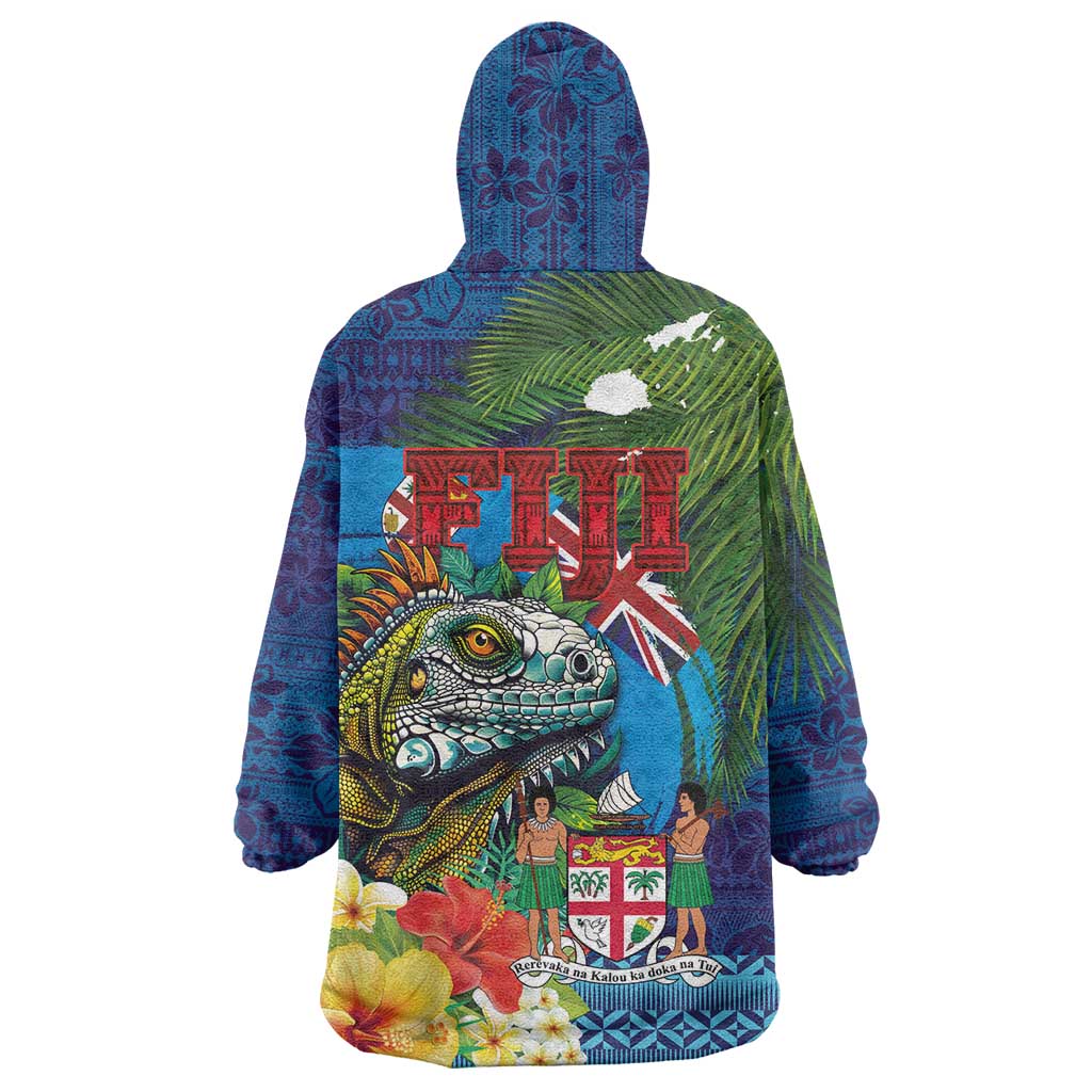Fiji Iguana-Coat of Arms Wearable Blanket Hoodie with Hibiscus and Plumeria Palm Tree Tapa Art