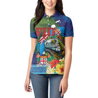 Fiji Iguana-Coat of Arms Women Polo Shirt with Hibiscus and Plumeria Palm Tree Tapa Art