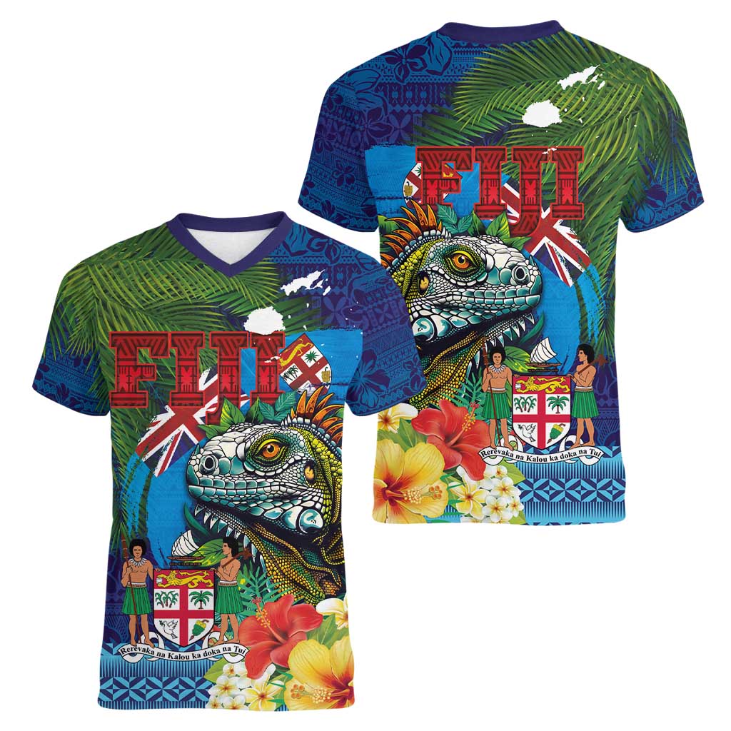 Fiji Iguana-Coat of Arms Women V-Neck T-Shirt with Hibiscus and Plumeria Palm Tree Tapa Art