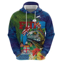 Fiji Iguana-Coat of Arms Zip Hoodie with Hibiscus and Plumeria Palm Tree Tapa Art