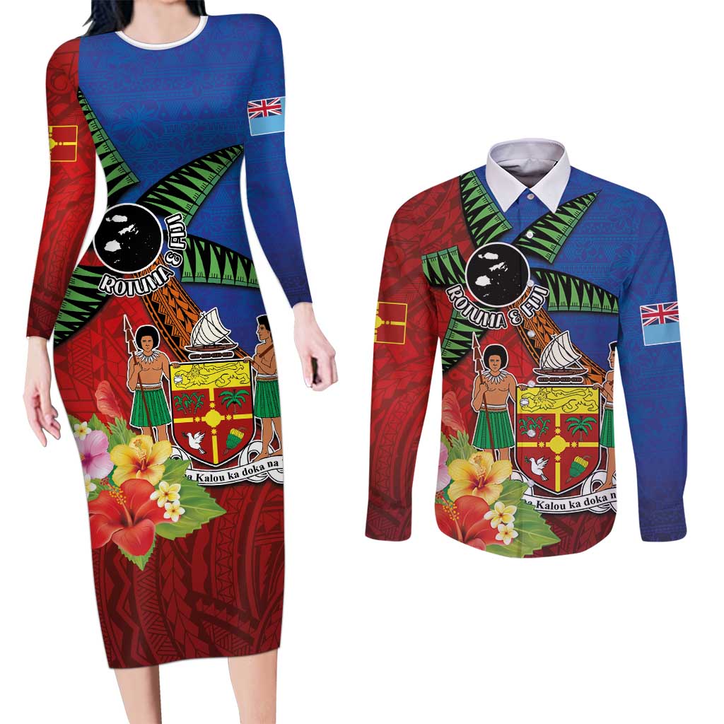 Personalised Fiji and Rotuma Together Couples Matching Long Sleeve Bodycon Dress and Long Sleeve Button Shirt Fjian Masi and Pacific Pattern Mix Culture