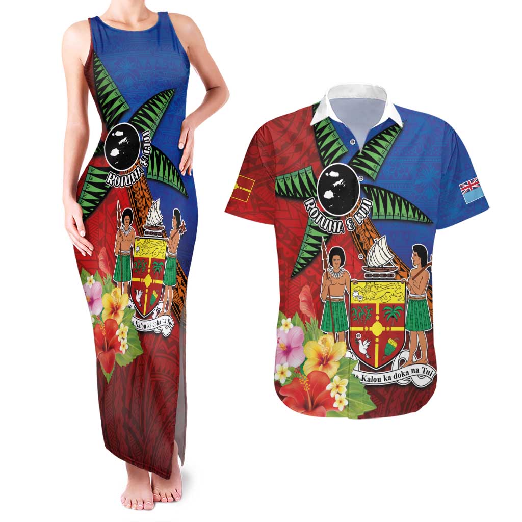 Personalised Fiji and Rotuma Together Couples Matching Tank Maxi Dress and Hawaiian Shirt Fjian Masi and Pacific Pattern Mix Culture