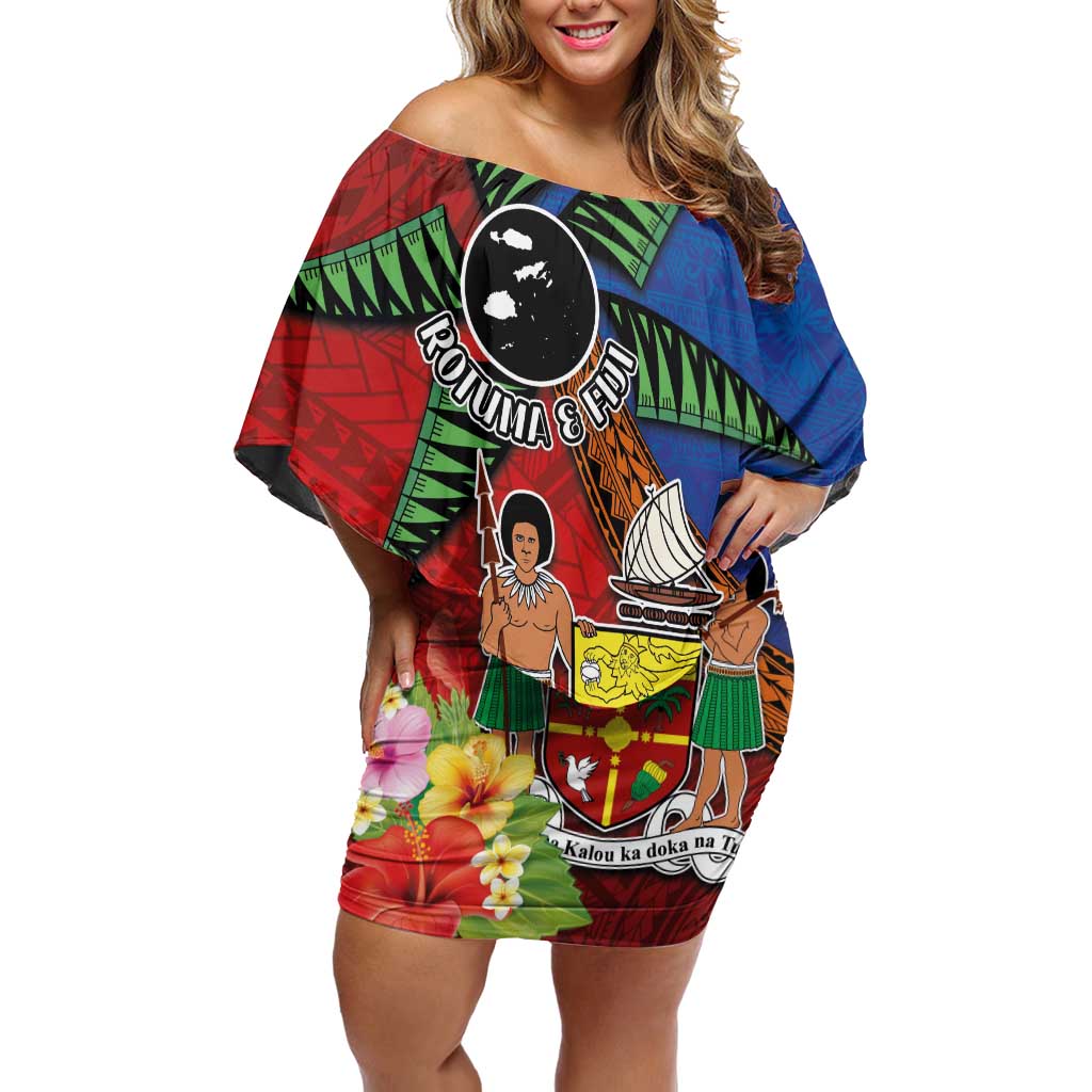 Personalised Fiji and Rotuma Together Family Matching Off Shoulder Short Dress and Hawaiian Shirt Fjian Masi and Pacific Pattern Mix Culture
