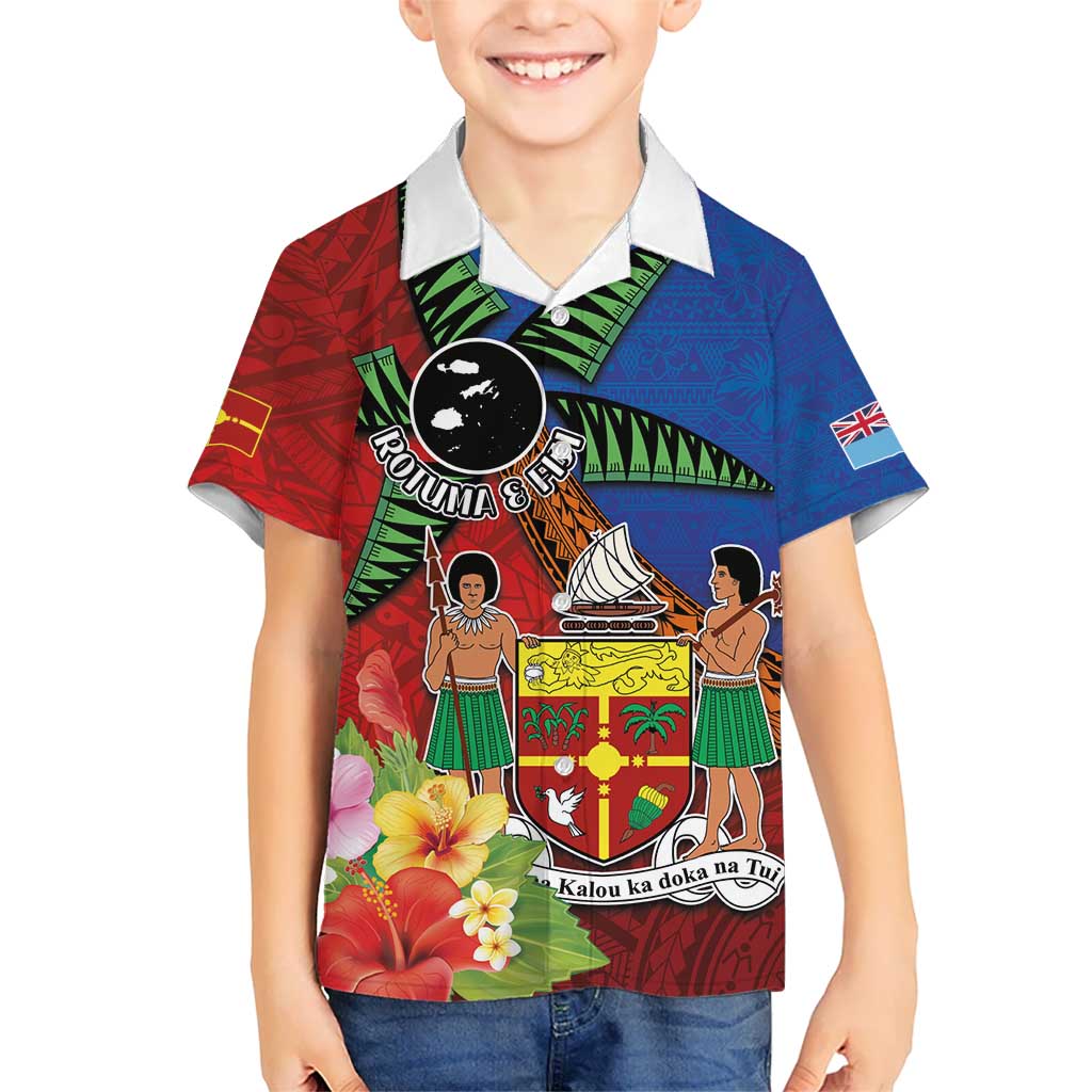 Personalised Fiji and Rotuma Together Kid Hawaiian Shirt Fjian Masi and Pacific Pattern Mix Culture