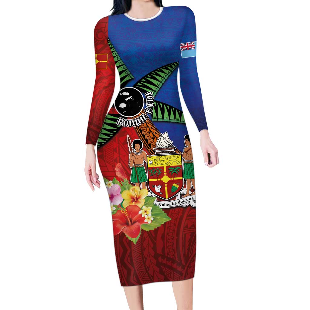 Personalised Fiji and Rotuma Together Long Sleeve Bodycon Dress Fjian Masi and Pacific Pattern Mix Culture